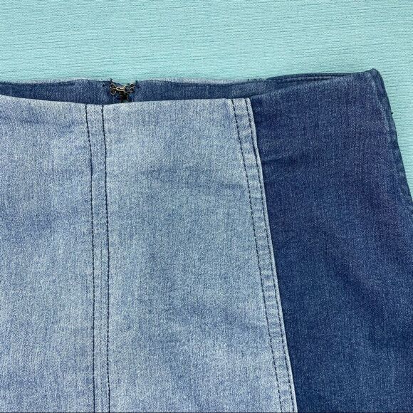 FREE PEOPLE Modern Femme Skirt Colorblock Mini Denim Jean Two Tone Block Size 4 - Picture 8 of 11